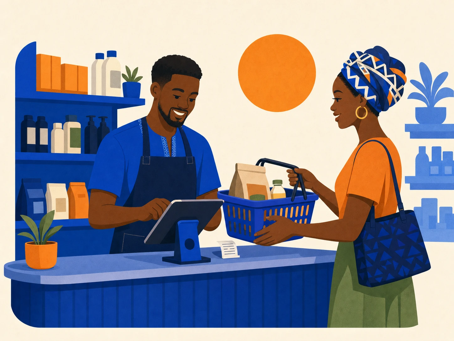 Illustration 2D d’une vente réalisée au comptoir dans une boutique.