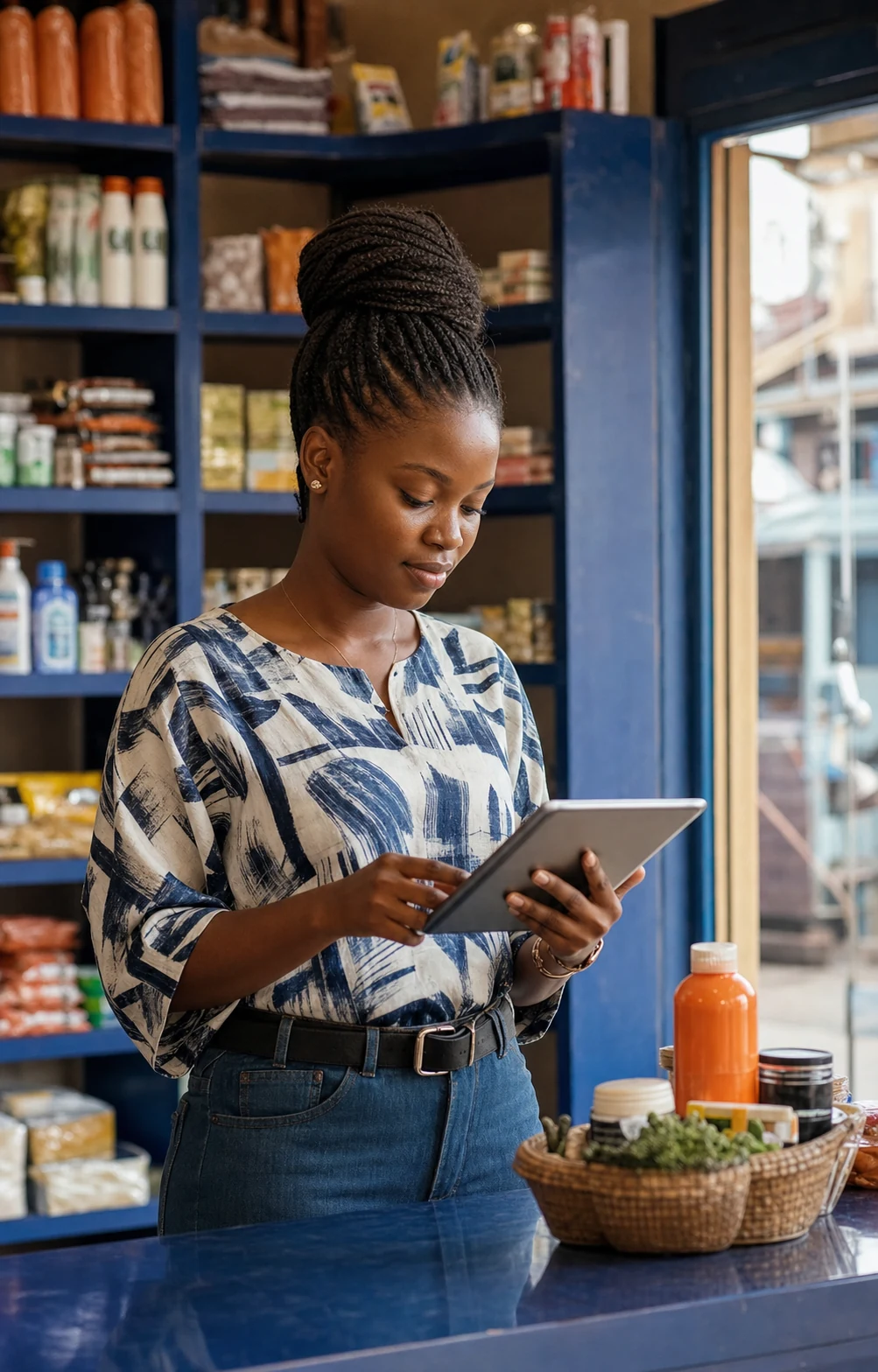 Une commerçante consulte son activité sur une tablette dans sa boutique.